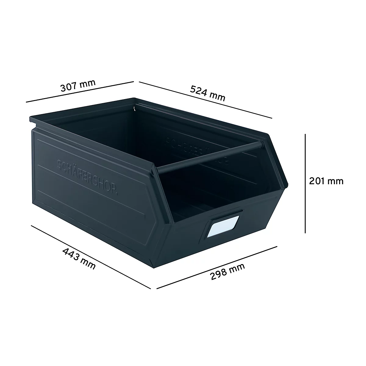 Schäfer Shop Select magazijnemmer met open voorzijde, met draagbeugel, L 524 x B 307 x H 201 mm, 26 l, 120 kg, staal, RAL 5008 (grijsblauw)