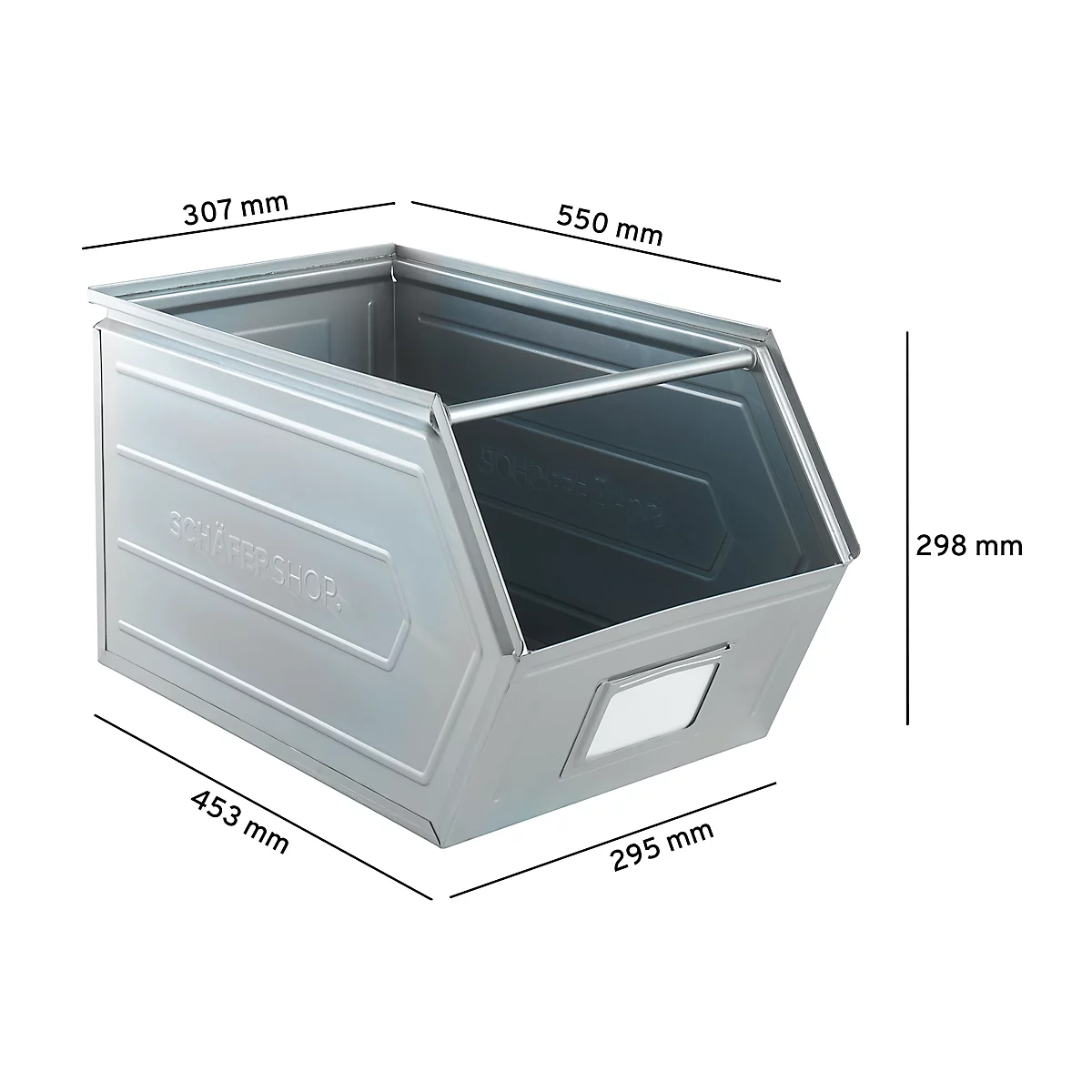 Schäfer Shop Select magazijnemmer met open voorzijde, met draagbeugel, L 550 x B 307 x H 298 mm, 40 l, 150 kg, staal, elektrolytisch verzinkt