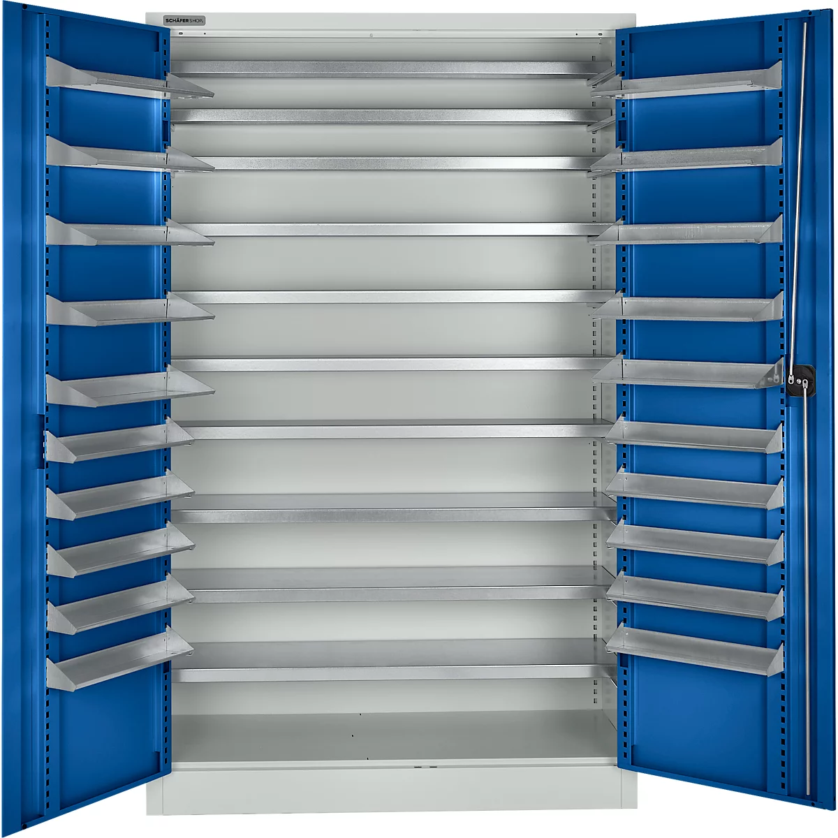 Schäfer Shop Select Magazinschrank, 10 Fachböden, ohne Ausstattung, B 1200 x T 500 x H 1935 mm, Stahl, lichtgrau/enzianblau