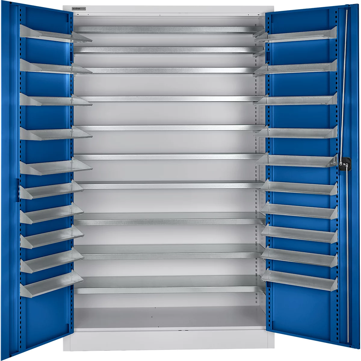Schäfer Shop Select Magazinschrank, 10 Fachböden, ohne Ausstattung, B 1200 x T 500 x H 1935 mm, Stahl, weißaluminium/enzianblau