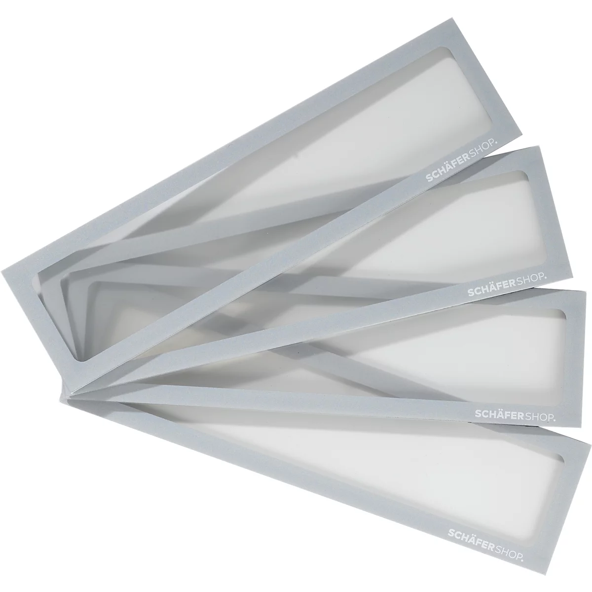 Vier grijze frames, op elkaar gestapeld, met de tekst "SCHÄFER SHOP".