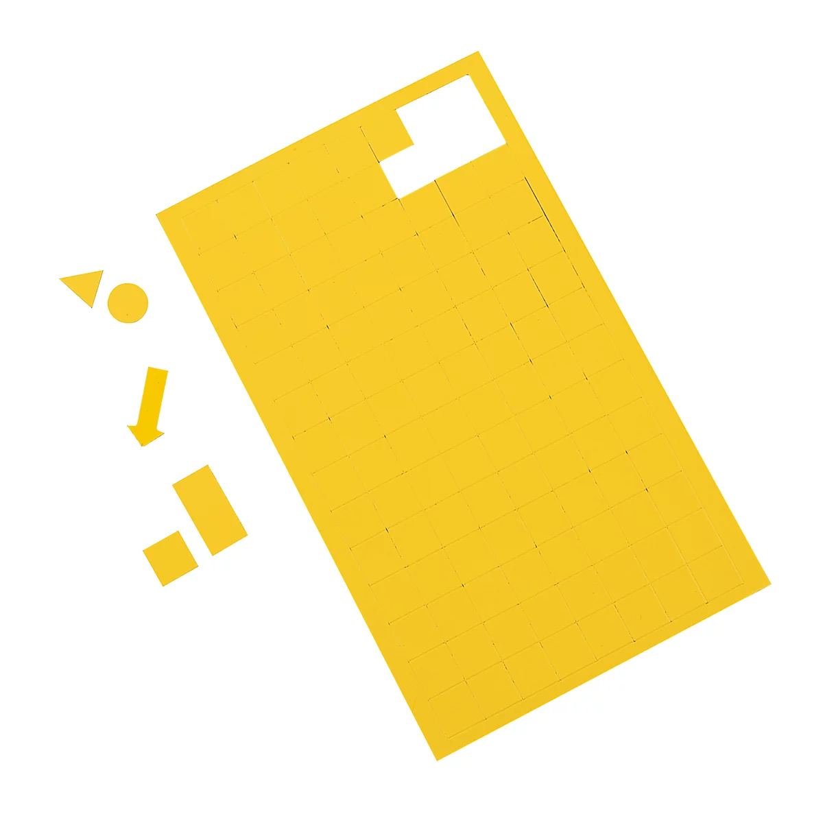 Yellow sheet with a cut-out square and other shapes. Triangle, circle, arrow, and rectangles.