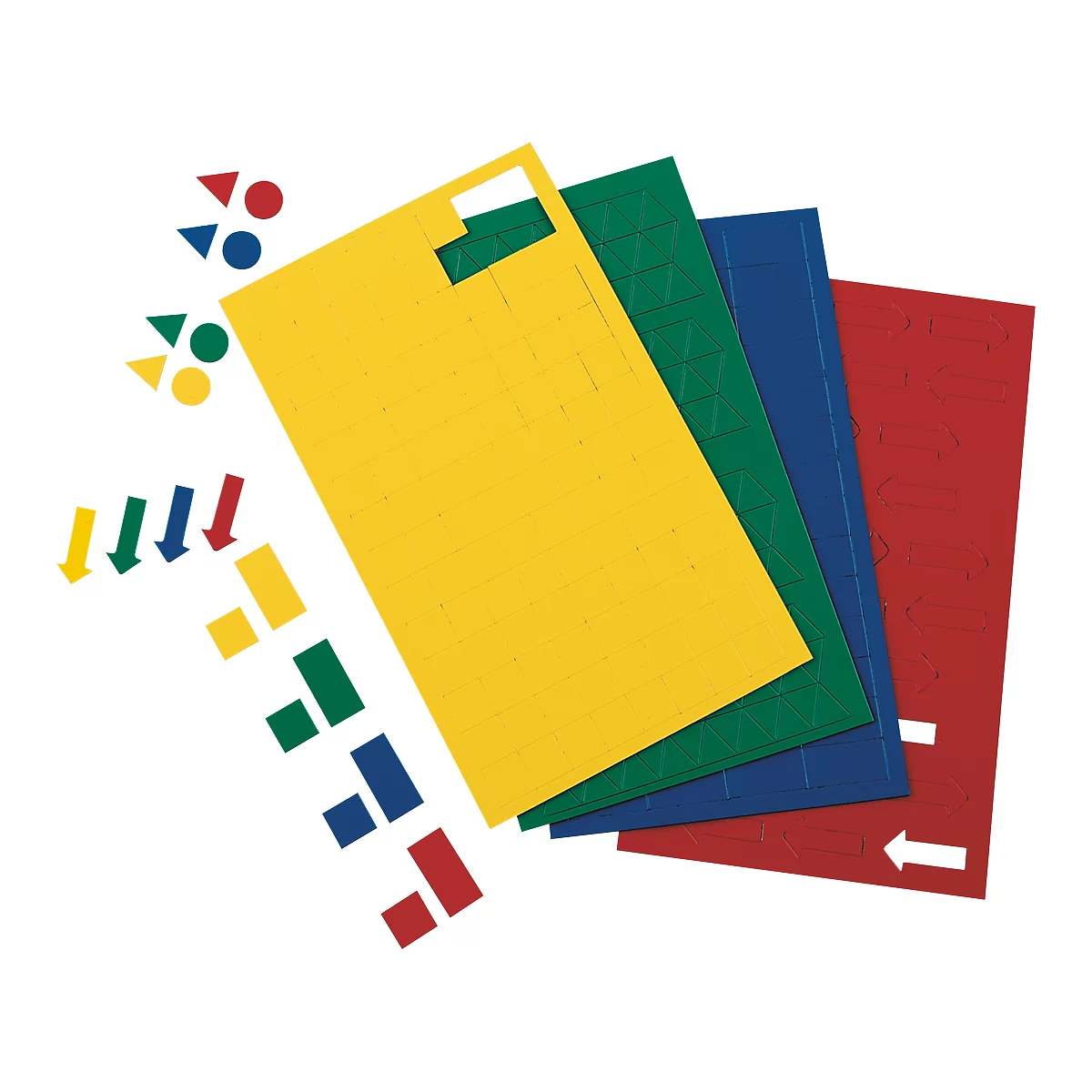 Yellow, green, blue, and red cards are stacked. Geometric shapes and arrows are scattered around.