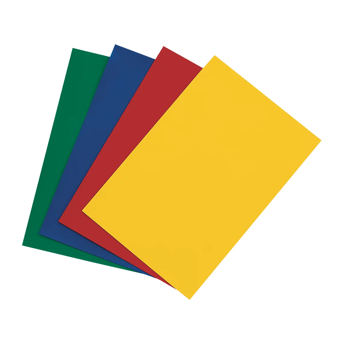 Fanned out sheets of green, blue, red, and yellow paper.