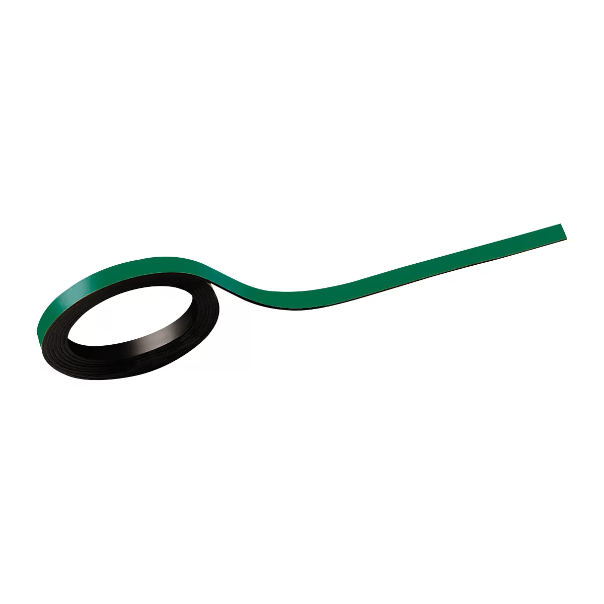 A green adhesive tape unrolling, with a black core and a green top.