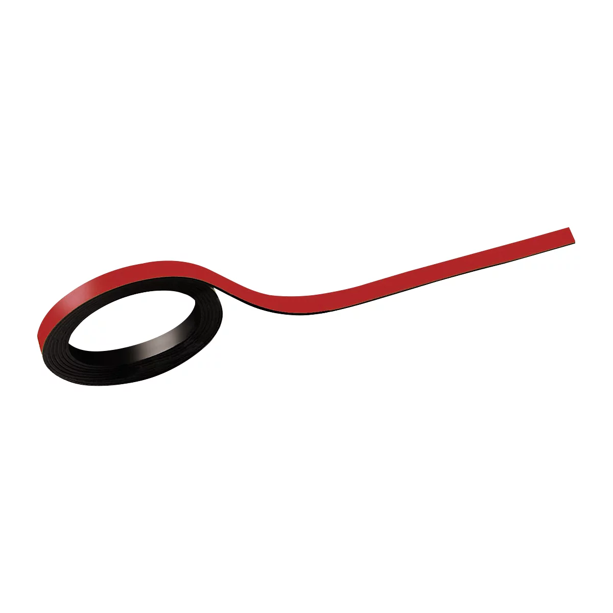 Rolled red strip laying over a black strip.