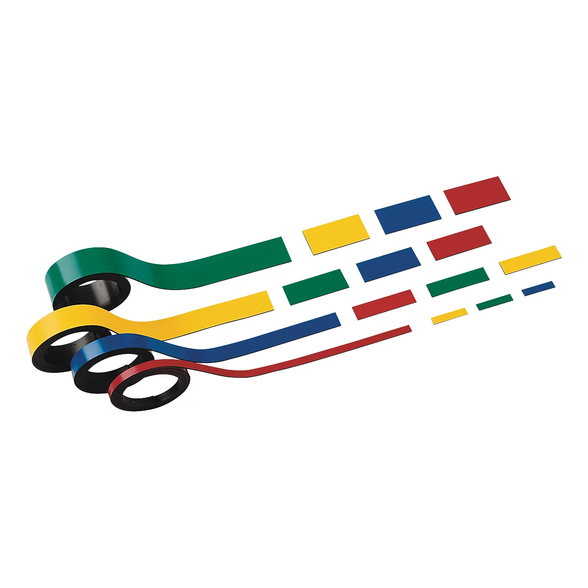 Various colored magnetic tapes and rectangular magnets.