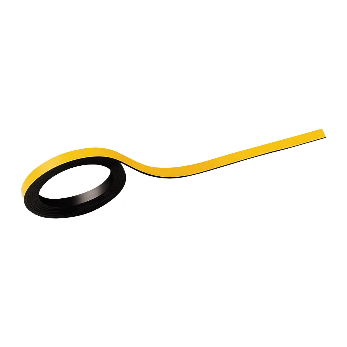Yellow flexible tape with black underside, formed into a loop.
