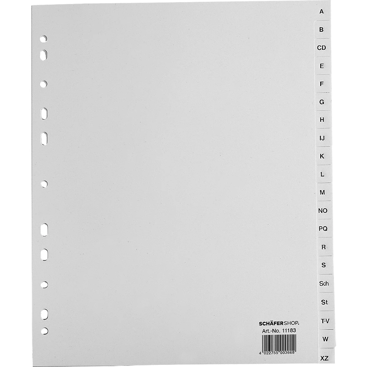 Witte indexkaart met letters van A tot Z. De index heeft gaten om in te binden en een barcode.