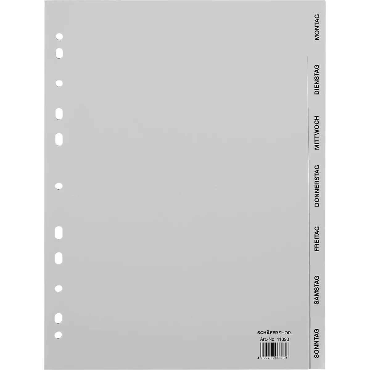 Grijze tab met perforatie. Opschrift in het zwart: maandag t/m zondag. Onder: SCHÄFERSHOP, Art.Nr. 11503.