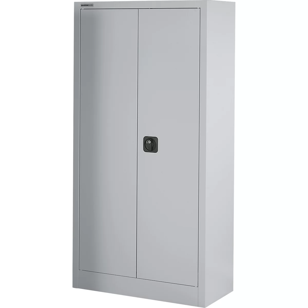 Grijze archiefkast met twee deuren en een zwarte handgreep. Kast staat rechtop.