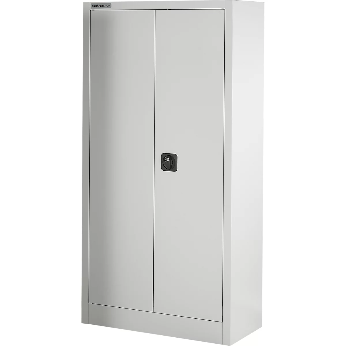 Een grijze stalen kast met twee deuren en een zwarte handgreep. De kast staat rechtop en neemt het grootste deel van de afbeelding in beslag.