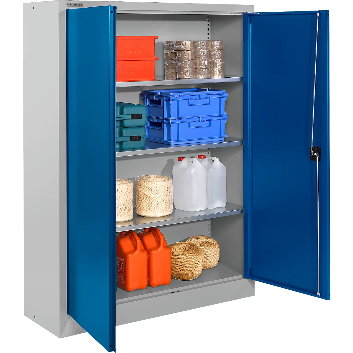 Schäfer Shop Select materiaalkast MSI 16412, B 1200 x D 400 x H 1535 mm, 3 etages, staal, alu wit RAL 9006/gentiaan blauw RAL 5010