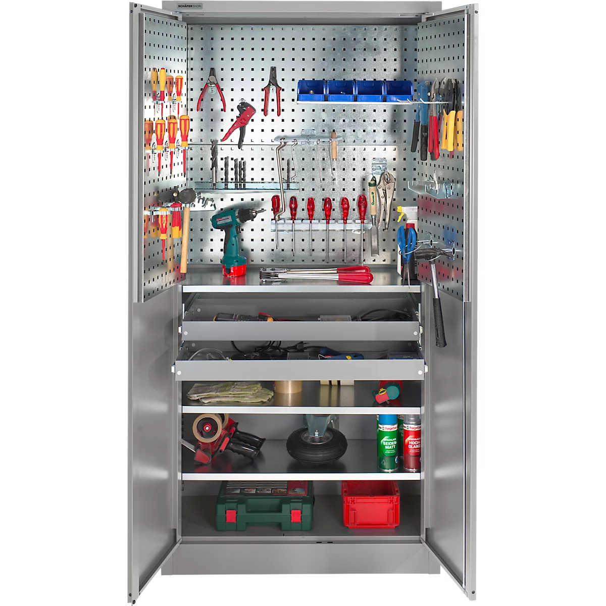Schäfer Shop Select Materiaalkast MSI 2409, met geperforeerde roosterwanden op halve hoogte, met 3 legborden &amp; 2 laden, B 950 x D 400 x H 1935 mm, wit aluminium