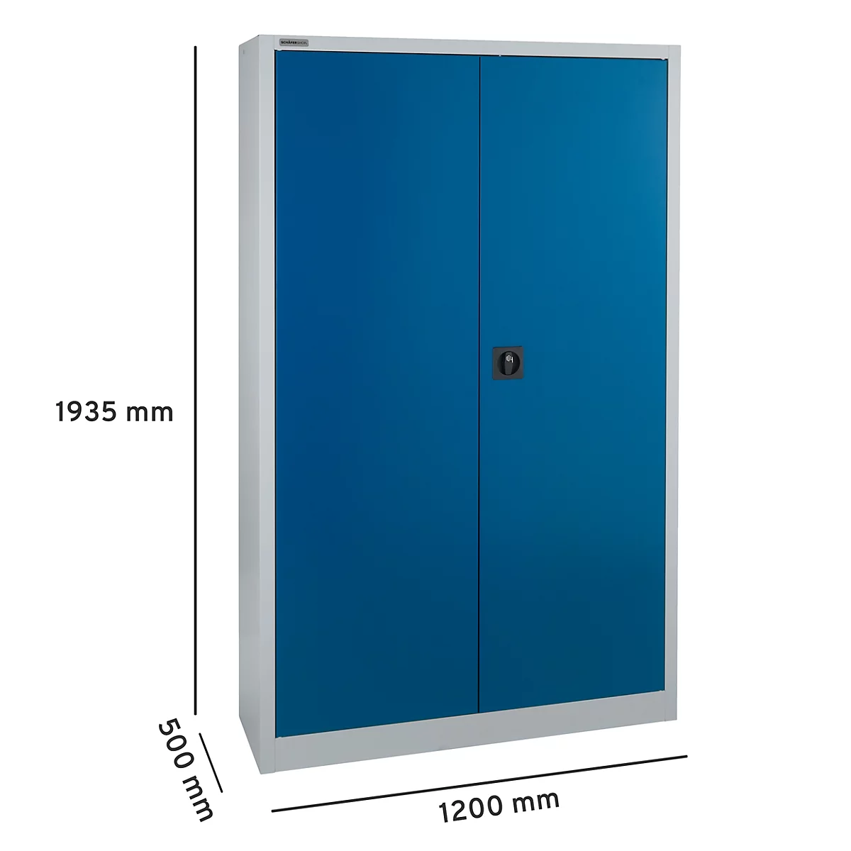 Blau stalen kast met twee deuren, zilveren frame, zwarte draaiknop. Afmetingen staan aangegeven.