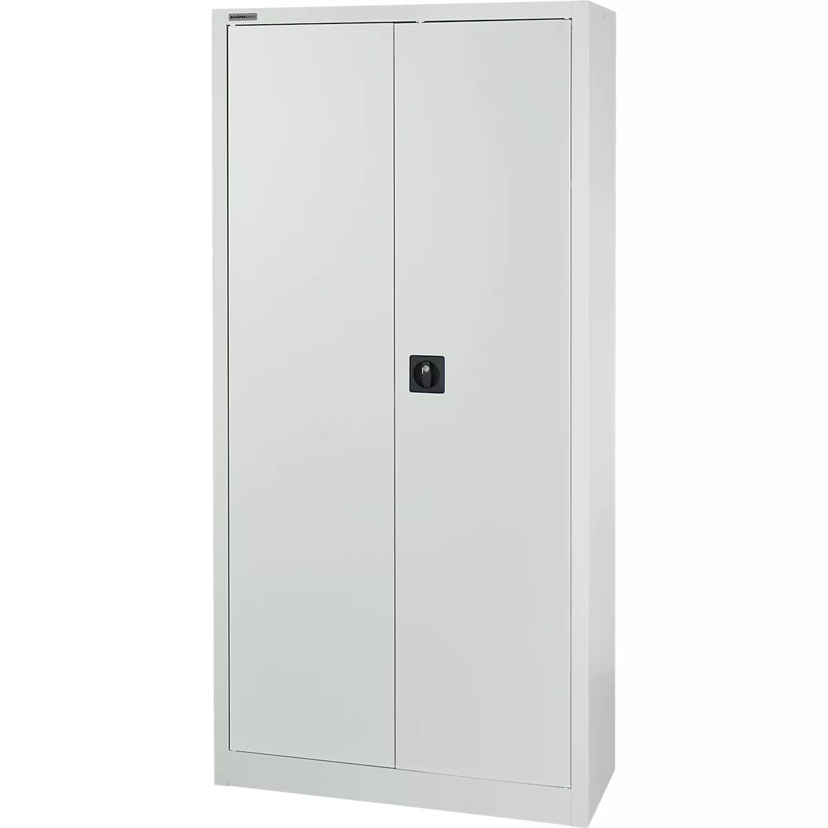 White filing cabinet with two doors and a black handle.