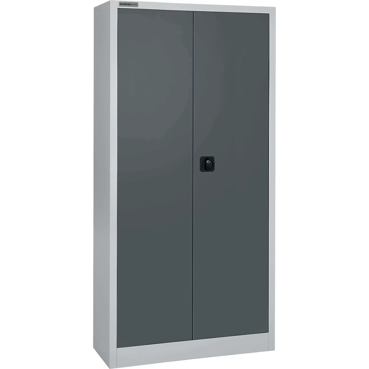 Gray steel cabinet with double doors and black handle.