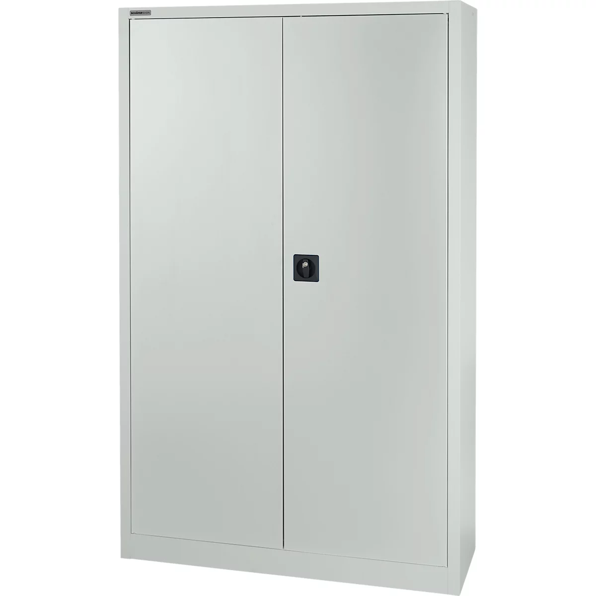 Grey steel cabinet with two doors. A black handle in the middle. Above the door a narrow, dark strip.