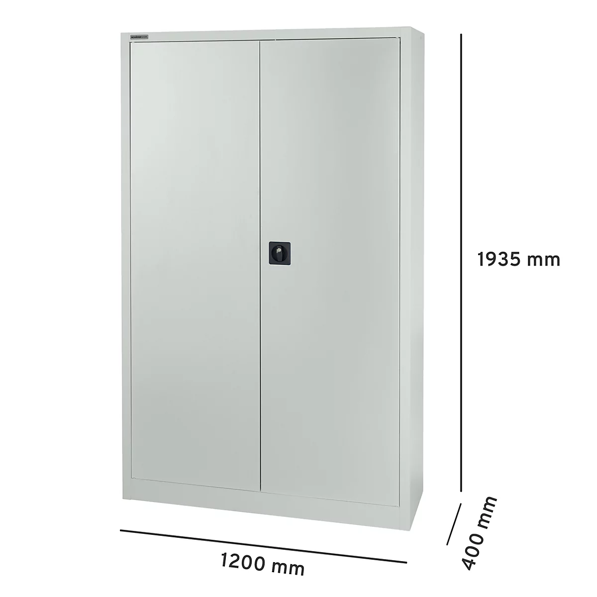 Light gray filing cabinet, closed, with black handle and dimensions.