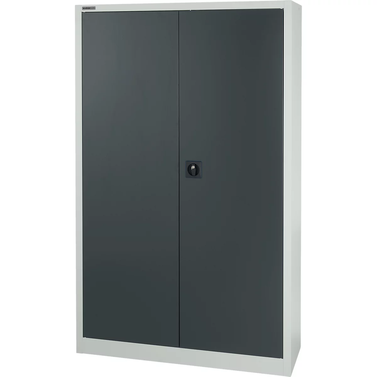 A gray metal cabinet with two doors and a black handle.