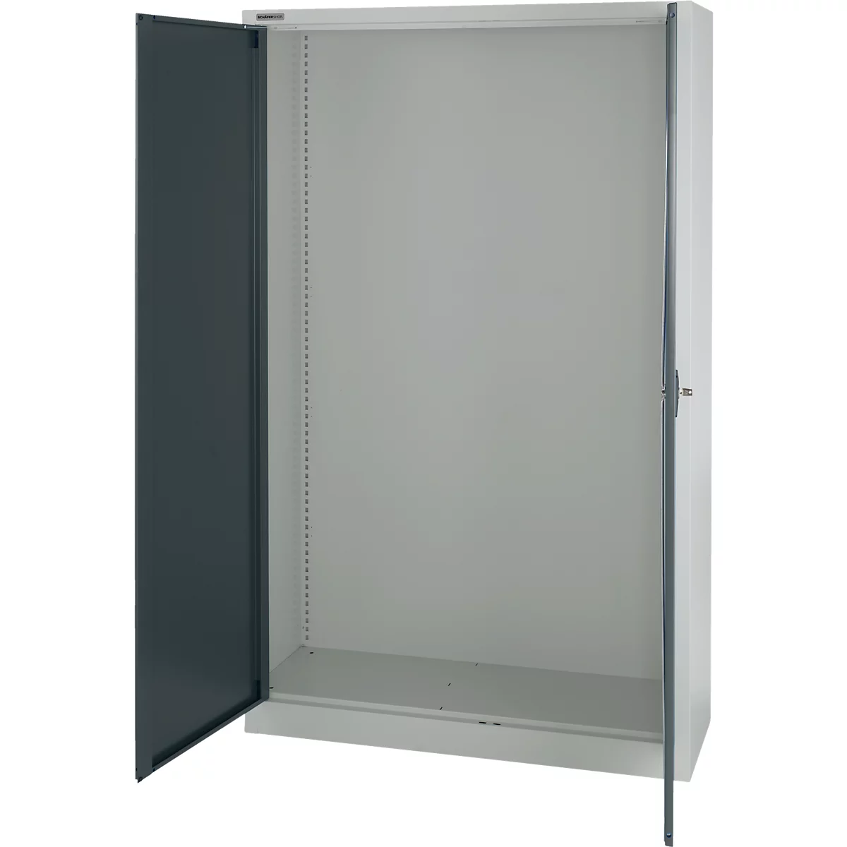 A white office cabinet with open doors. The left door is dark gray, the right one is slightly open.