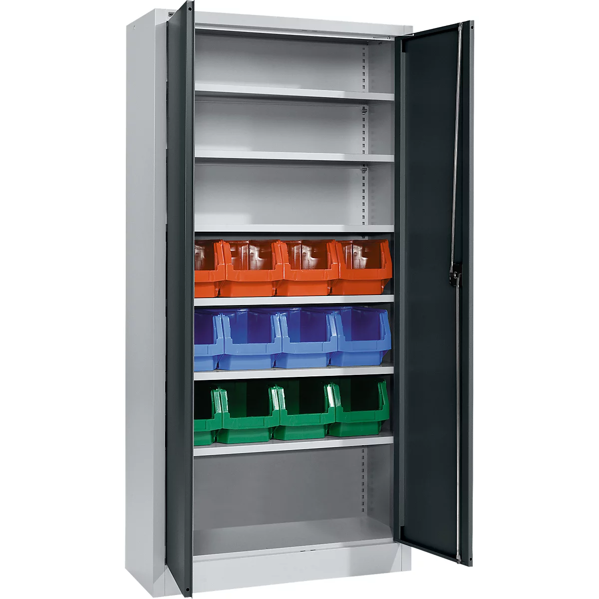Cabinet with open doors filled with shelves and colorful storage boxes.