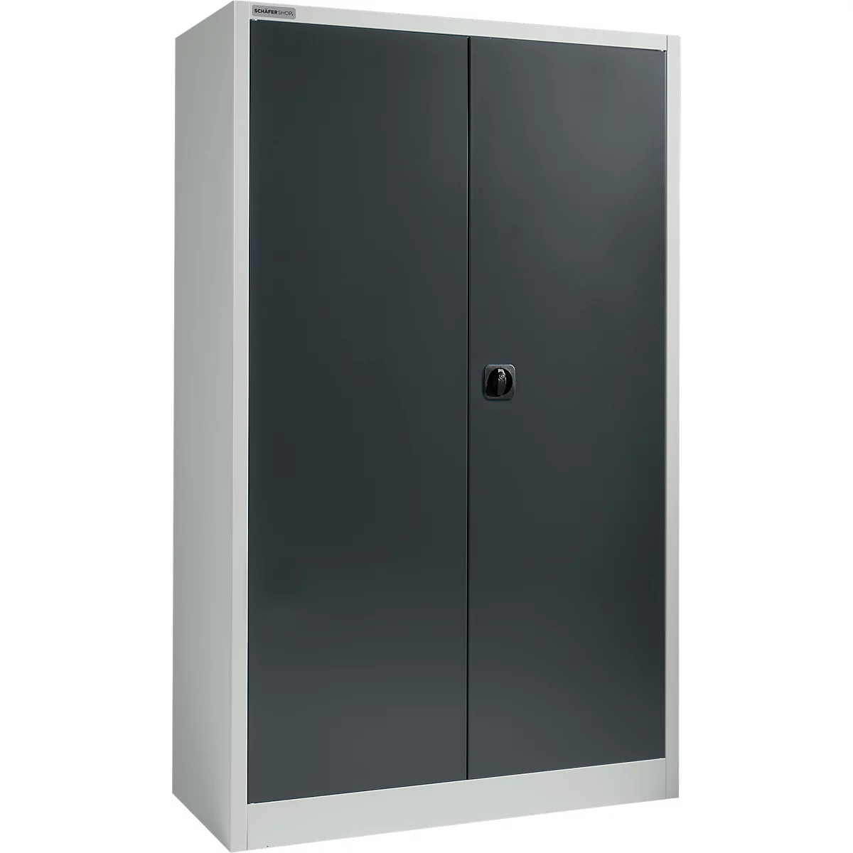 Gray cabinet with two doors and black handle.