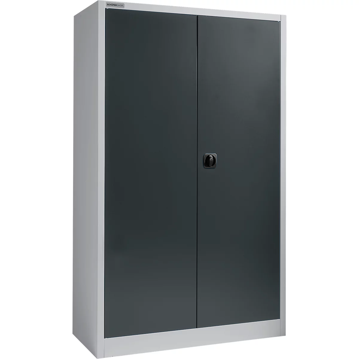 Grey metal cabinet with double doors, black handle, against neutral background.