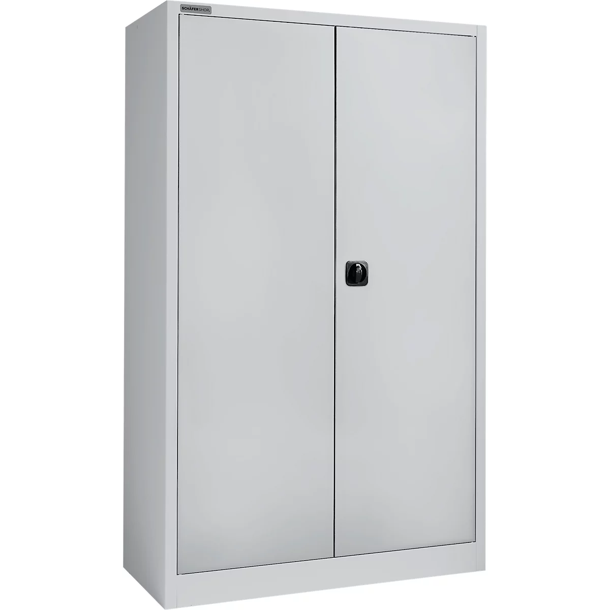 Gray filing cabinet with two doors and black handle.