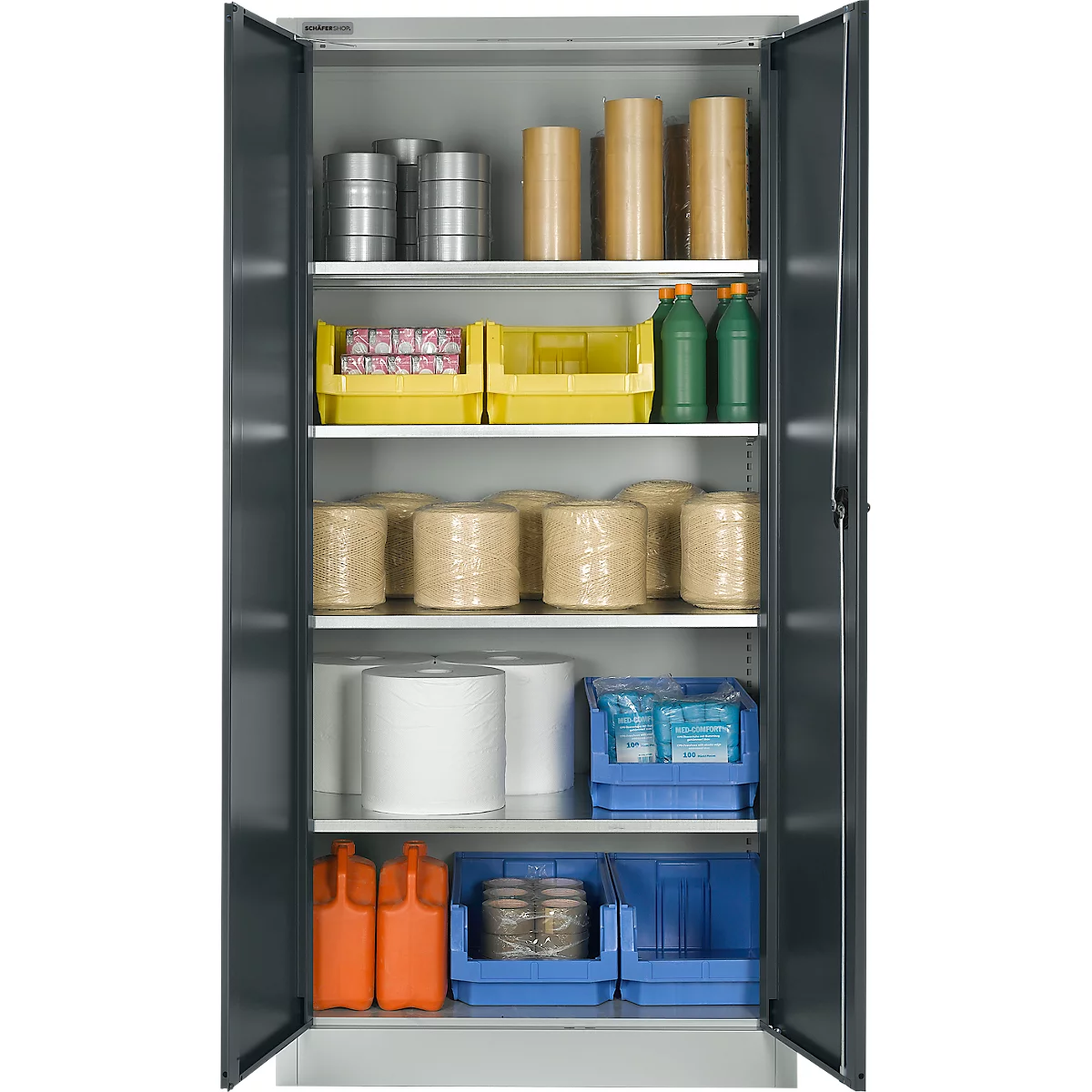 An open grey cabinet with shelves filled with materials, rolls, and containers. The doors are open.