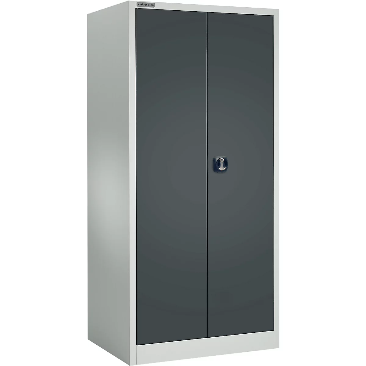 Gray steel cabinet with two doors and silver handle.