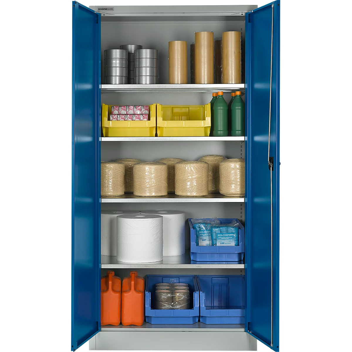 Blue-gray cabinet, open with various stored materials. Rolls, containers, liquids.
