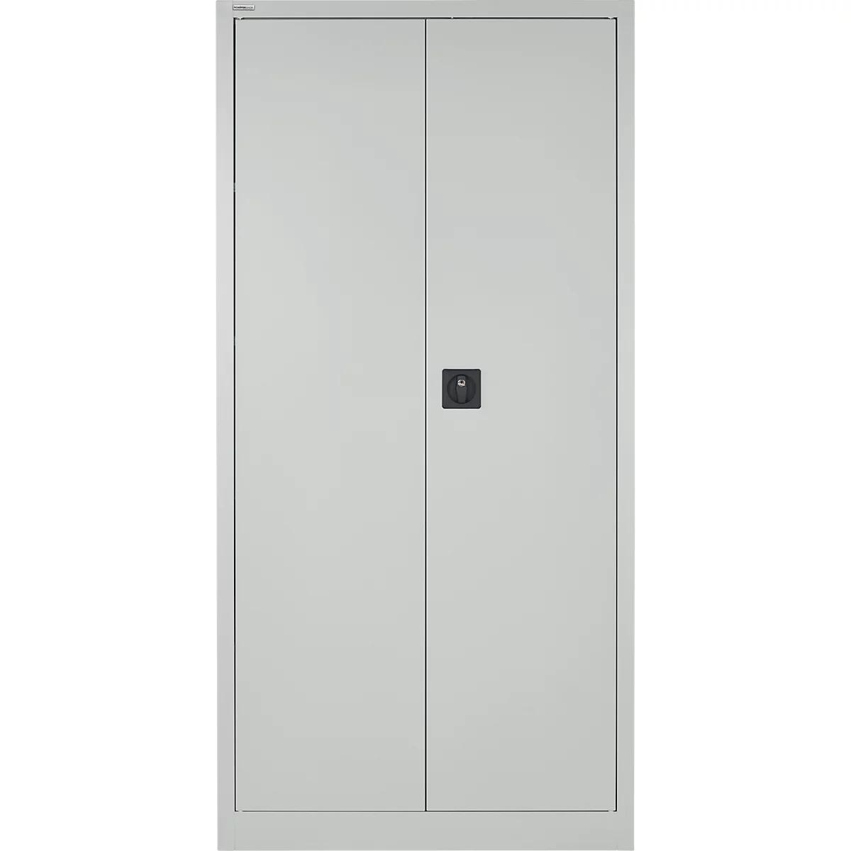 Gray steel cabinet with two doors and a black handle in the middle.