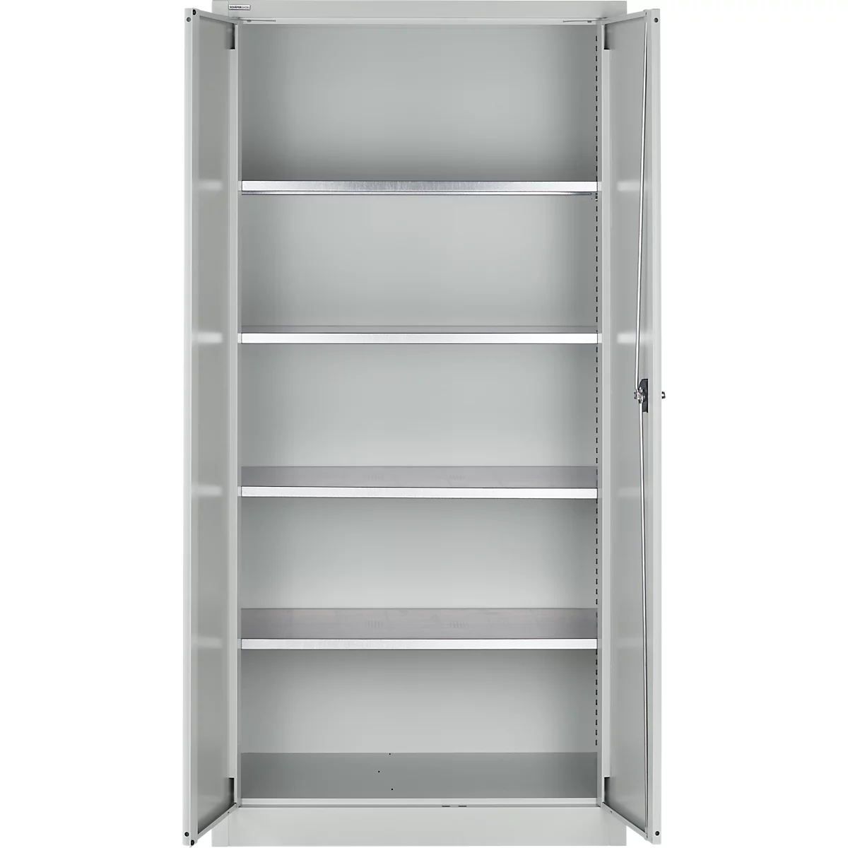 A gray filing cabinet with open doors, showing four shelves. The door is locked with a handle.
