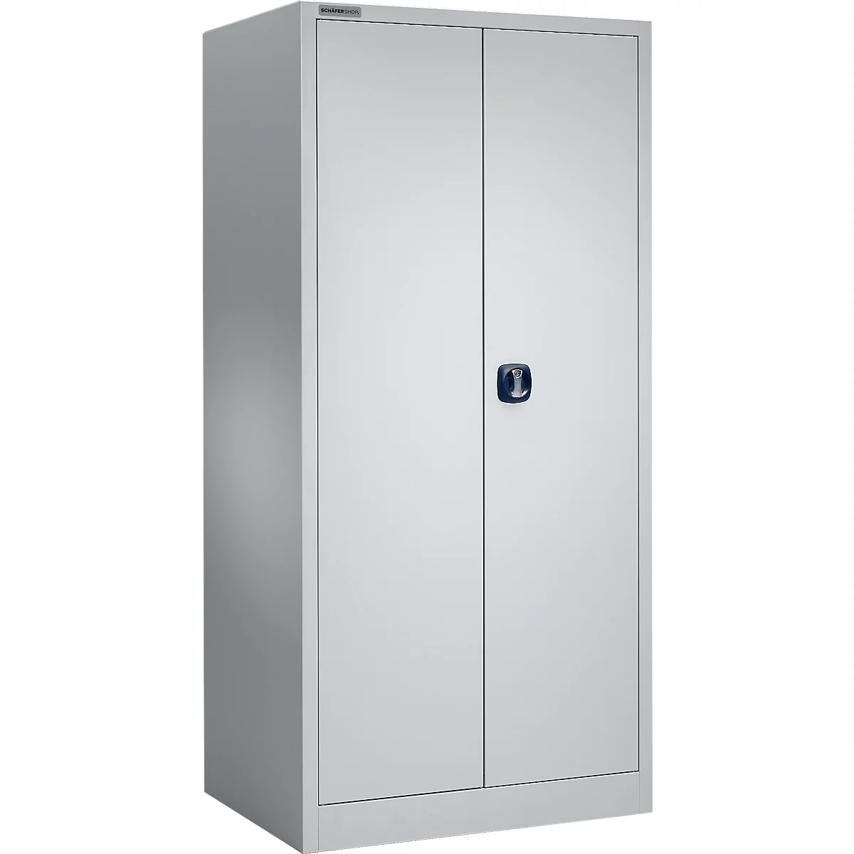 Grey filing cabinet with two doors and a handle in the middle.