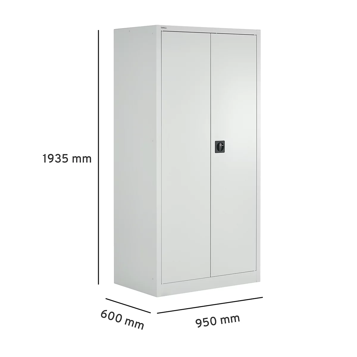 A white filing cabinet with two doors and a black handle. Dimensions: 1935 x 950 x 600 mm.