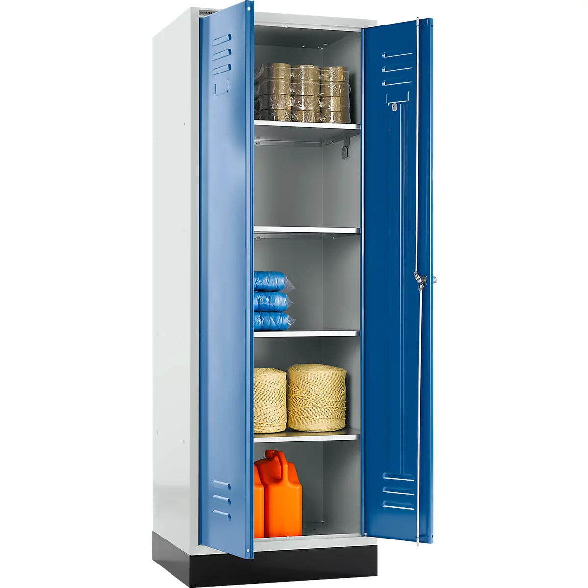 Blue and white cabinet with open doors, filled with various items such as rolls, ropes and an orange canister.