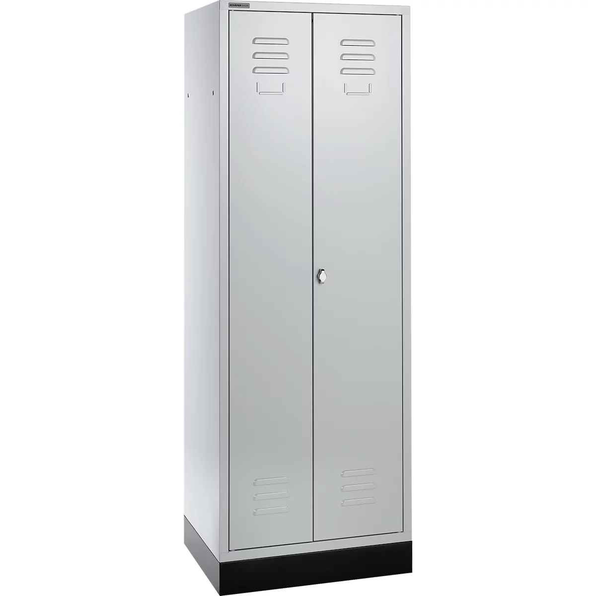 Gray steel cabinet with two doors. It has ventilation slots and a small handle.