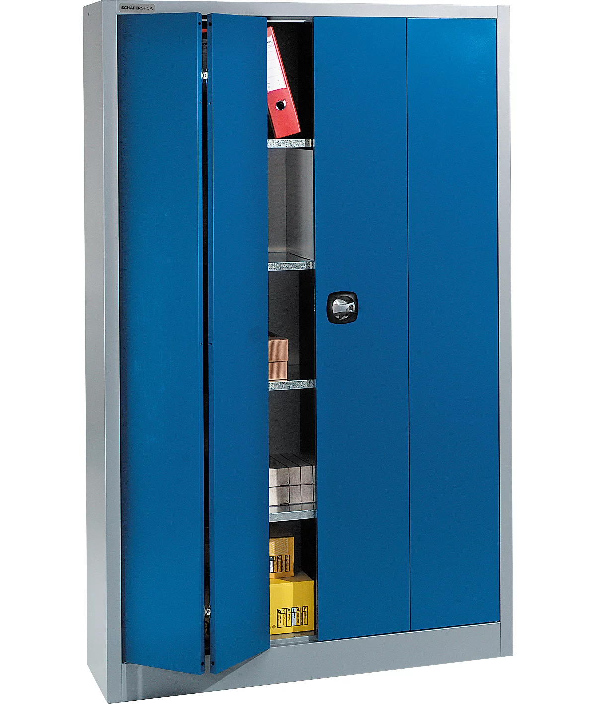 Schäfer Shop Select Material del armario MSF 2412, anchura 1200 x profundidad 400 x altura 1935 mm, aluminio blanco RAL 9006/azul marino