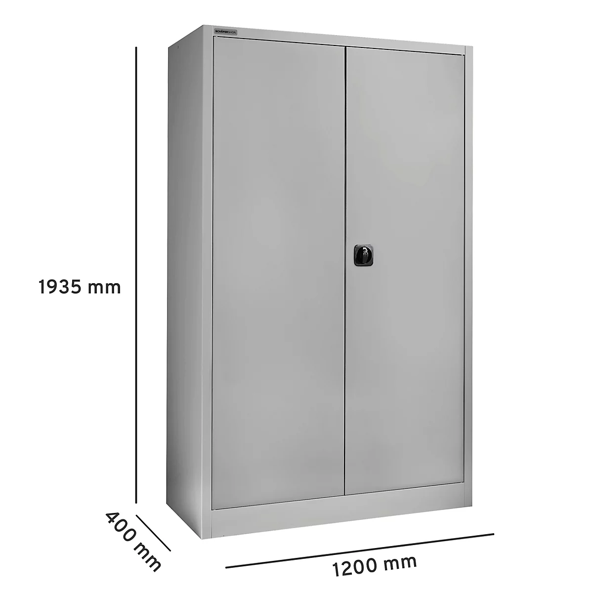 Grauer, hoher Stahlschrank mit zwei Türen, schwarzem Griff, Maße: 1935 x 1200 x 400 mm.