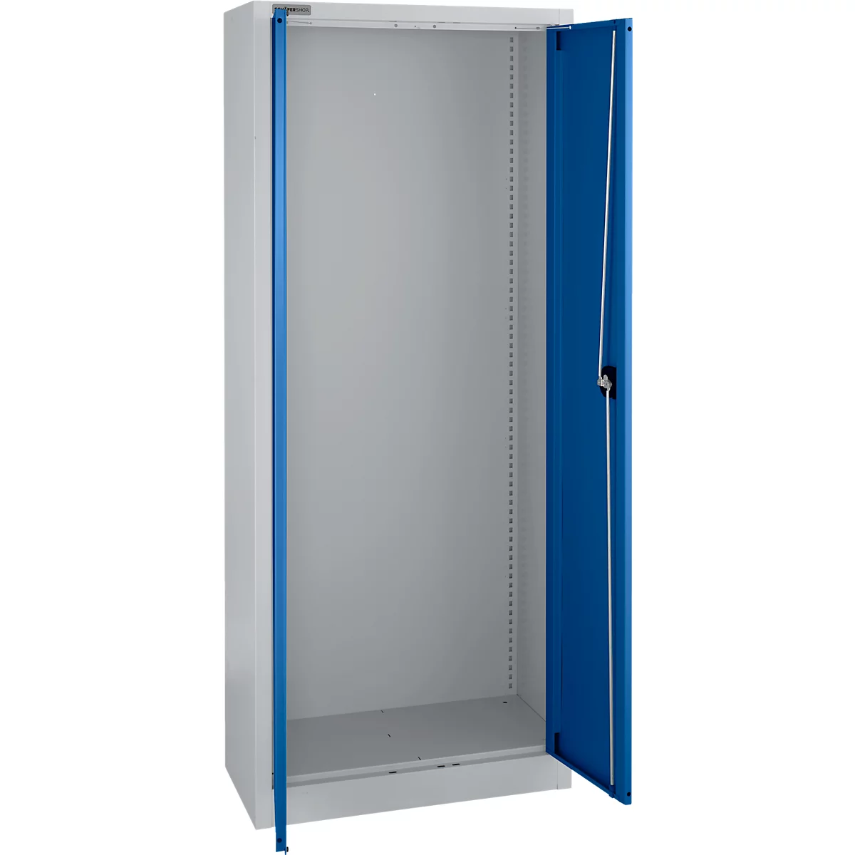 Offener Metallschrank mit blauer Innenseite. Der Schrank ist weiß und steht leer.