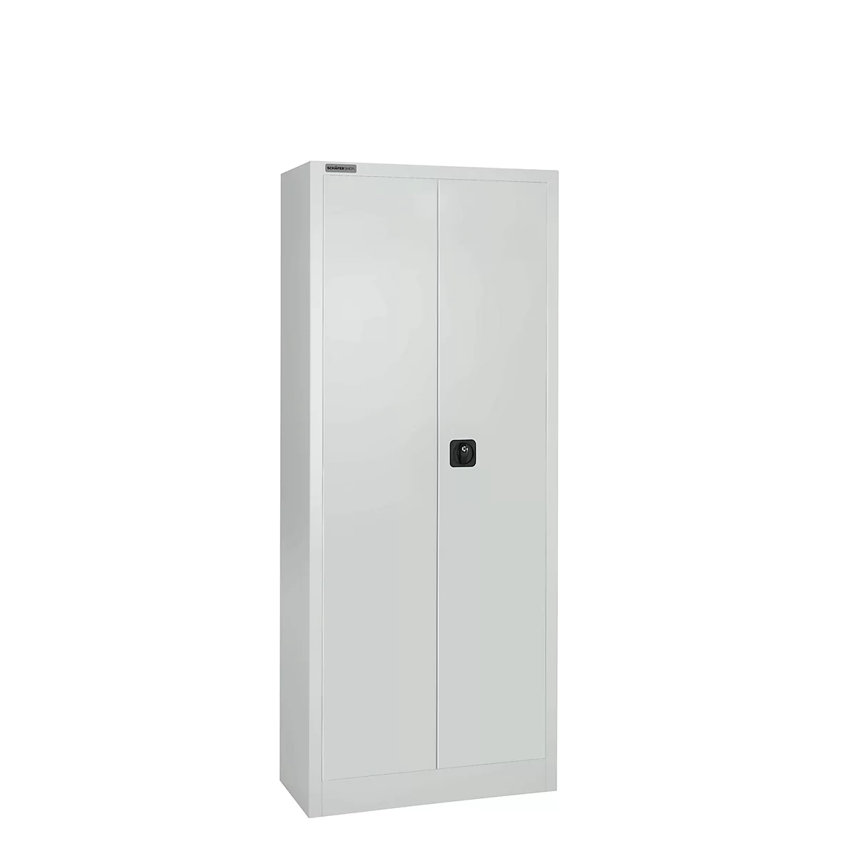 Ein weißer Stahlschrank mit zwei Türen, einem schwarzen Griff und einem grauen Hintergrund.