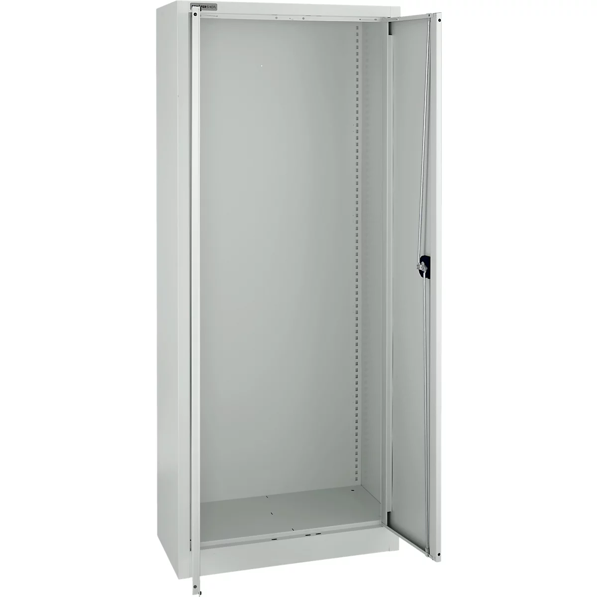 Grauer, leerer Stahlschrank, eine Tür ist geöffnet. Der Schrank steht auf vier Beinen.
