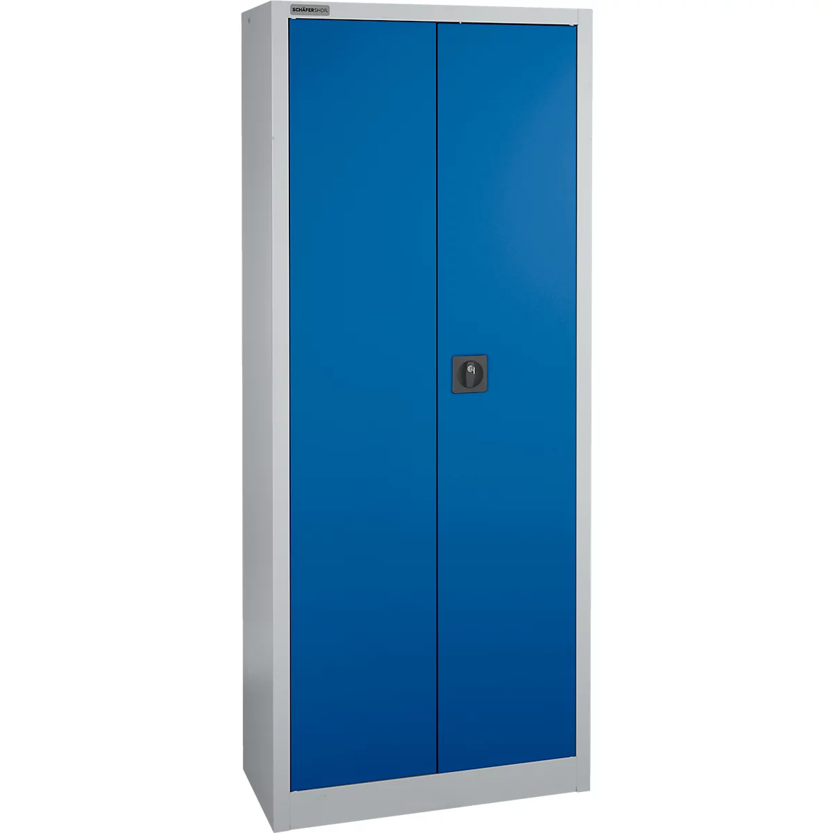Blauer Stahlschrank mit zwei Türen und einem Griff in der Mitte.
