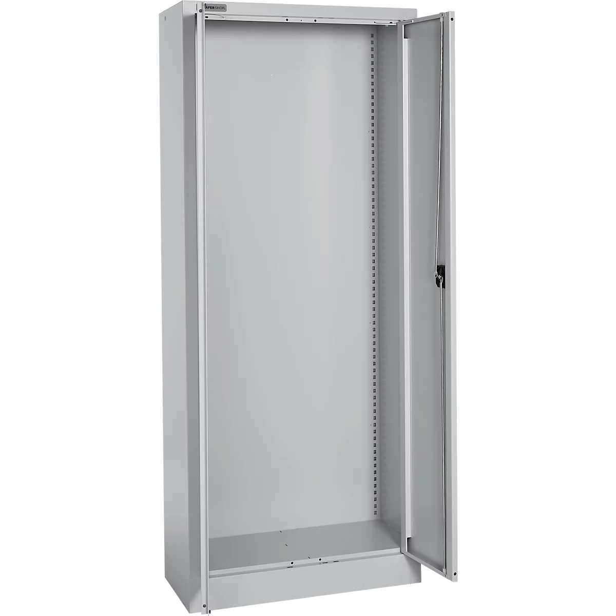 Ein offener, grauer Stahlschrank, dessen rechte Tür geöffnet ist. Der Schrank hat Löcher an den Seiten.