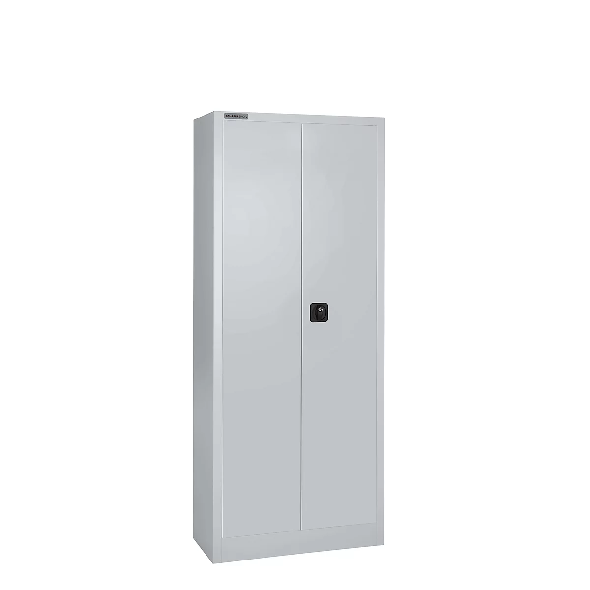 Grauer, hoher Aktenschrank mit zwei Türen, schwarzem Griff und weißem Hintergrund.