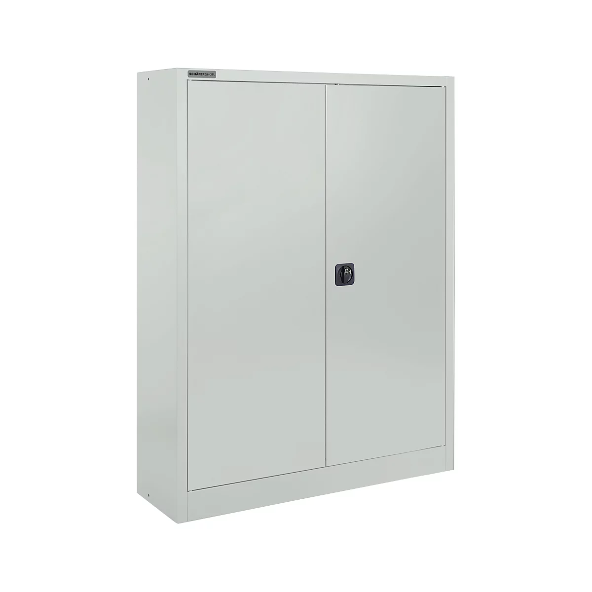 Ein grauer Metallschrank mit zwei Türen und einem schwarzen Griff.