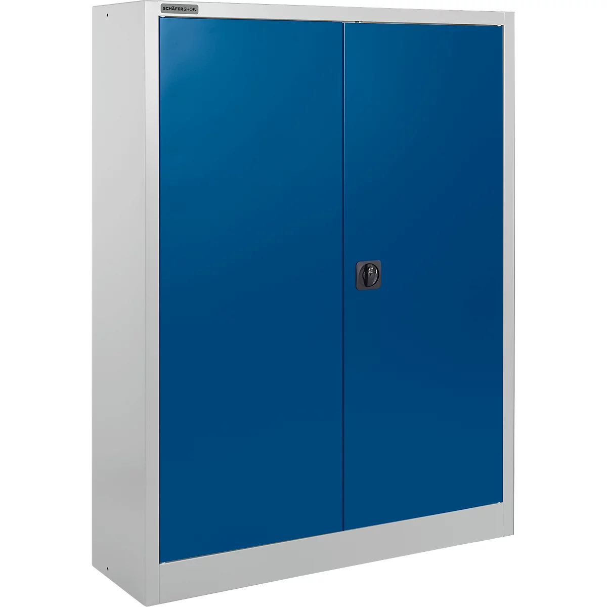 Stahlschrank mit blauen Türen und weißem Rahmen. Ein schwarzer Griff ist in der Mitte der Türen angebracht.