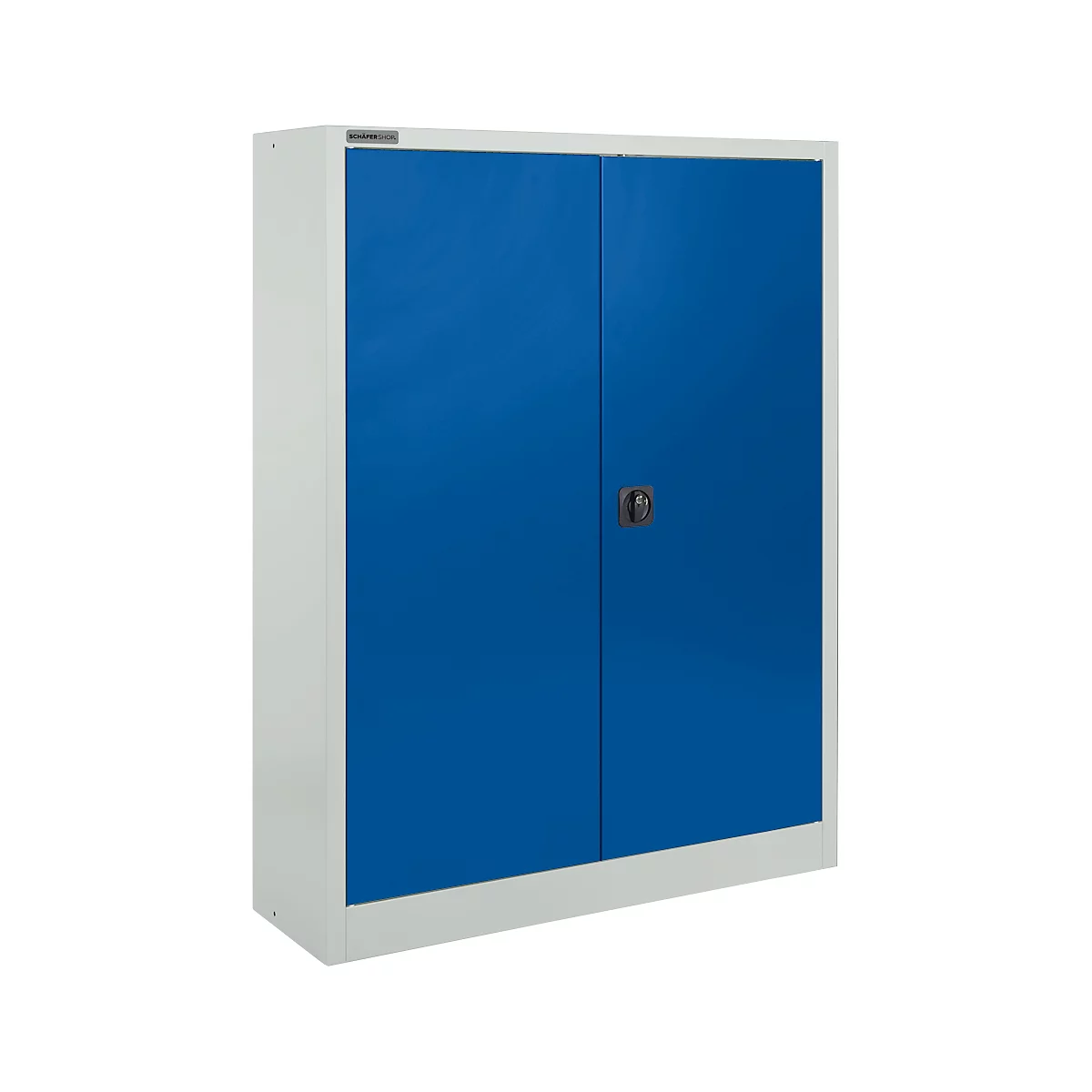 Blaues Stahlschrankschrank mit zwei Türen, schwarzem Griff, vor weißem Hintergrund.