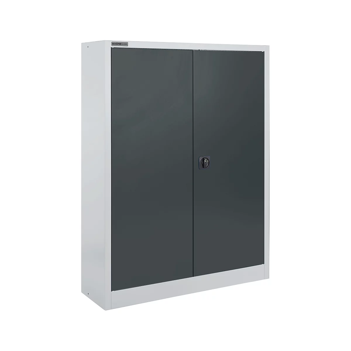 Schrank in Grau und Weiß mit zwei Türen, Griff und silberner Leiste.